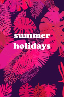 Tropik bitkilerin yaprakları. Renkli yaz kartpostalı, yaz tatili. Vektör arka planı.