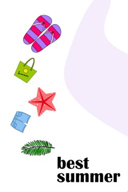 Yaz tatili. Plaj çantası, terlik, şort, denizyıldızı, tropik çarşaf. Vektör arka planı