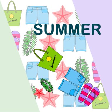 Yaz tatili. Plaj çantası, terlik, şort, denizyıldızı, tropik çarşaf. Vektör arka planı