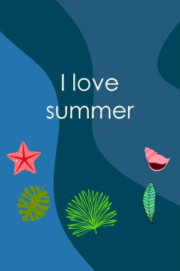 Yaz istirahati. Denizyıldızı, deniz kabuğu, tropik bitkilerin yaprakları. Vektör arka planı