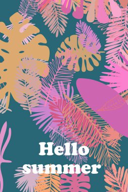 Tropik bitkilerin yaprakları. Renkli yaz kartpostalı, yaz tatili. Vektör arka planı.