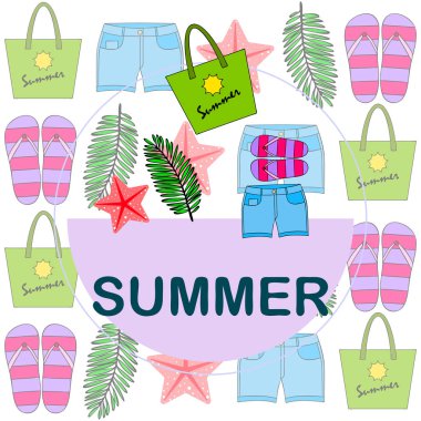 Yaz tatili. Plaj çantası, terlik, şort, denizyıldızı, tropik çarşaf. Vektör arka planı