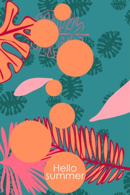 Tropik bitkilerin yaprakları. Renkli yaz kartpostalı, yaz tatili. Vektör arka planı.