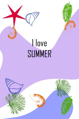 Yaz istirahati. Denizyıldızı, deniz kabuğu, tropik bitkilerin yaprakları. Vektör arka planı