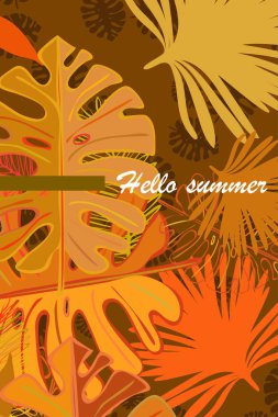Tropik bitkilerin yaprakları. Renkli yaz kartpostalı, yaz tatili. Vektör arka planı.