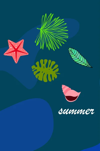 Descanso Estrella Mar Concha Marina Hojas Plantas Tropicales Fondo Vectorial — Archivo Imágenes Vectoriales