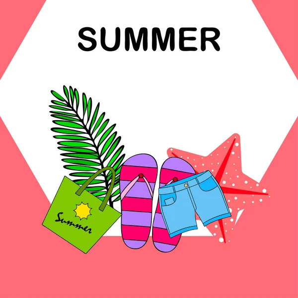 Summer vacation. Beach bag, slippers, shorts, starfish, tropical sheet. Vector background — Stock Vector