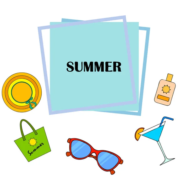 Vacances à la plage. Lunettes de soleil, chapeau, sac de plage, cocktail, crème solaire. Fond vectoriel . — Image vectorielle