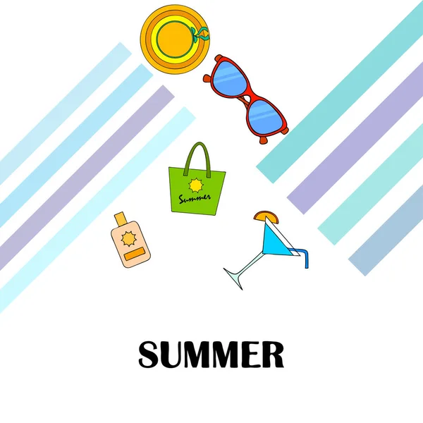 Tengerparti vakáció. Napszemüveg, kalap, strand táska, koktél, fényvédő. Vektorháttér. — Stock Vector