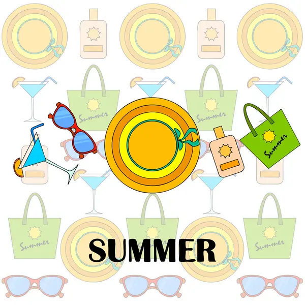 Vacaciones en playa. Gafas de sol, sombrero, bolso de playa, cóctel, protector solar. Fondo vectorial . — Vector de stock