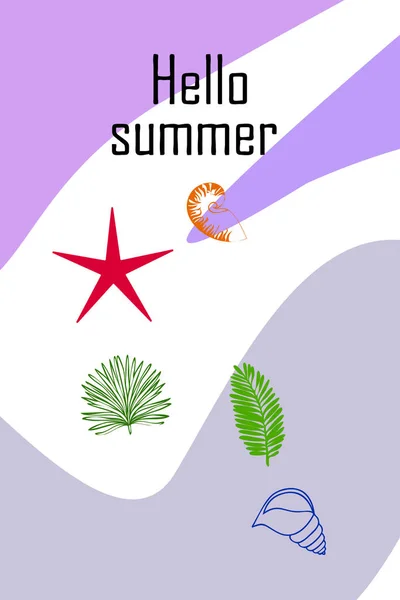 Zomer rust. Zeesterren, Seashell, bladeren van tropische planten. Vector achtergrond — Stockvector