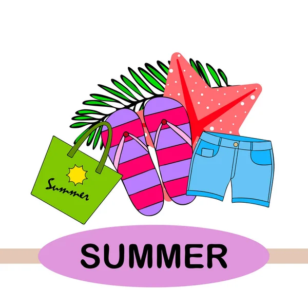 Vacaciones de verano. Bolsa de playa, zapatillas, pantalones cortos, estrellas de mar, sábana tropical. Fondo vectorial — Vector de stock