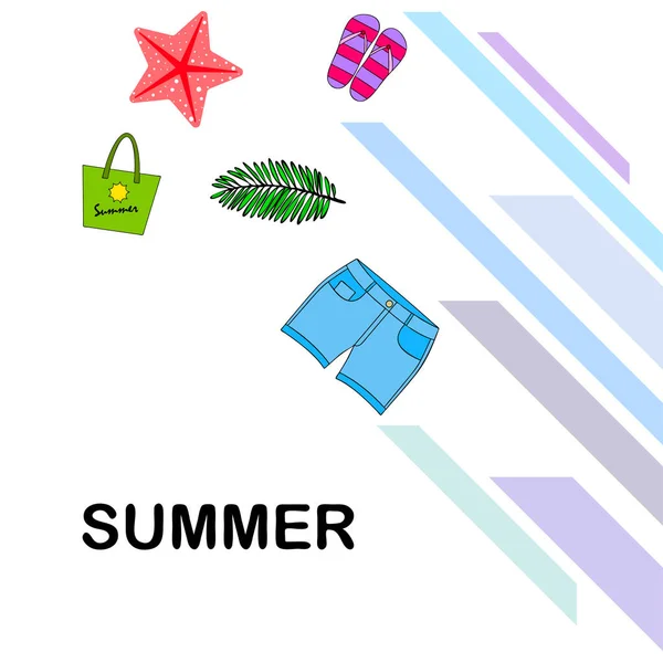 Καλοκαιρινές διακοπές. Τσάντα παραλίας, παντόφλες, σορτς, αστερία, τροπικό φύλλο. Διανυσματικό φόντο — Διανυσματικό Αρχείο