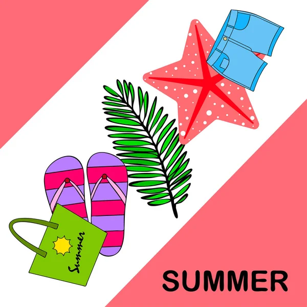 Vacaciones de verano. Bolsa de playa, zapatillas, pantalones cortos, estrellas de mar, sábana tropical. Fondo vectorial — Archivo Imágenes Vectoriales