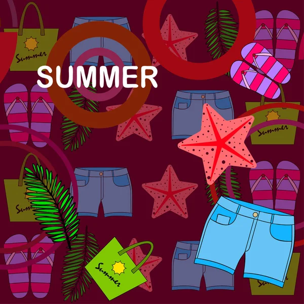 Vacaciones de verano. Bolsa de playa, zapatillas, pantalones cortos, estrellas de mar, sábana tropical. Fondo vectorial — Vector de stock