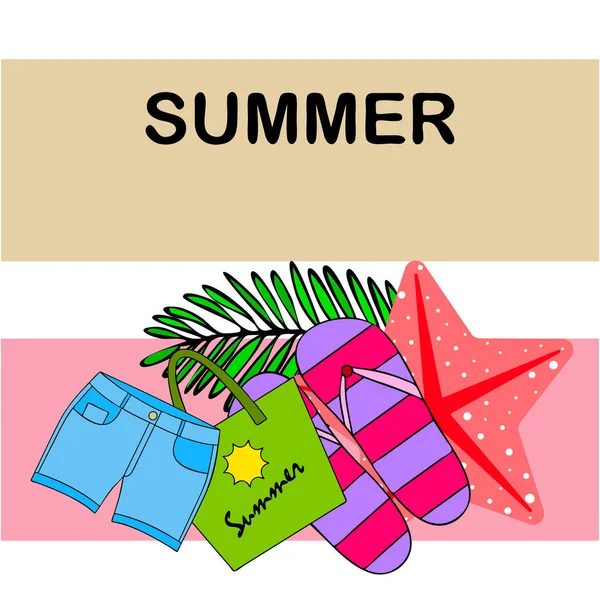 Summer vacation. Beach bag, slippers, shorts, starfish, tropical sheet. Vector background — Stock Vector