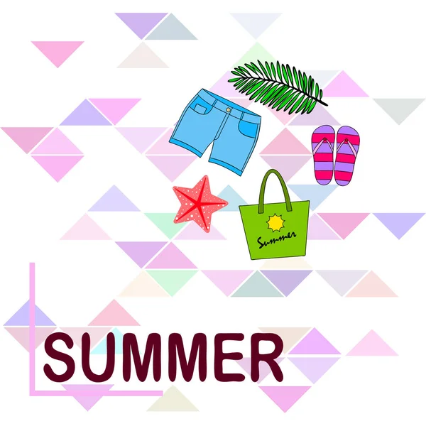 Yaz tatili. Plaj çantası, terlik, şort, denizyıldızı, tropik çarşaf. Vektör arka planı — Stok Vektör