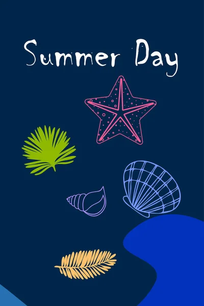 Yaz istirahati. Denizyıldızı, deniz kabuğu, tropik bitkilerin yaprakları. Vektör arka planı — Stok Vektör