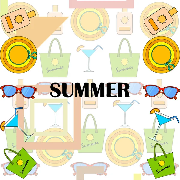 Strand semester. Solglasögon, mössa, strandväska, cocktail, solkräm. Vektor bakgrund. — Stock vektor
