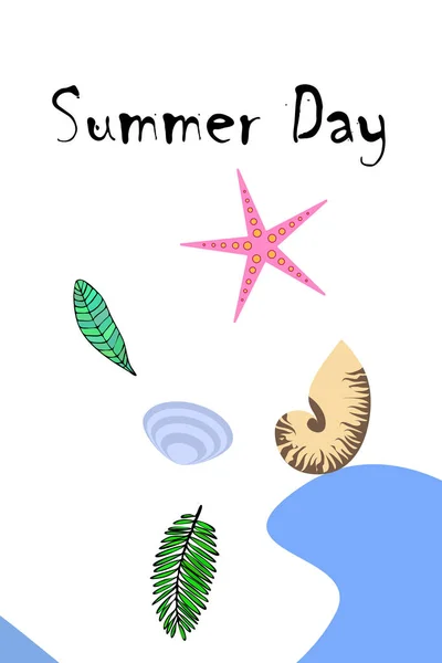 Sommerpause. Seesterne, Muscheln, Blätter tropischer Pflanzen. Vektorhintergrund — Stockvektor