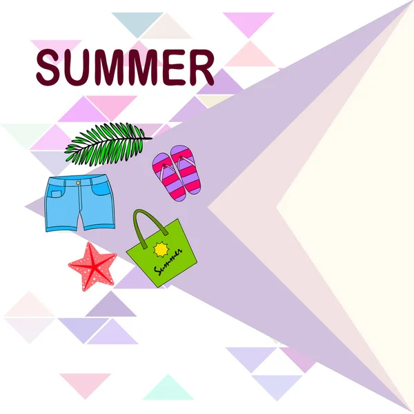 Zomervakantie Strand Tas Slippers Shorts Starfish Tropische Blad Vector Achtergrond — Stockvector