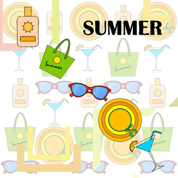 Vacaciones en playa. Gafas de sol, sombrero, bolso de playa, cóctel, protector solar. Fondo vectorial . — Vector de stock