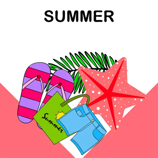 Vacances d'été. Sac de plage, pantoufles, shorts, étoiles de mer, drap tropical. Fond vectoriel — Image vectorielle