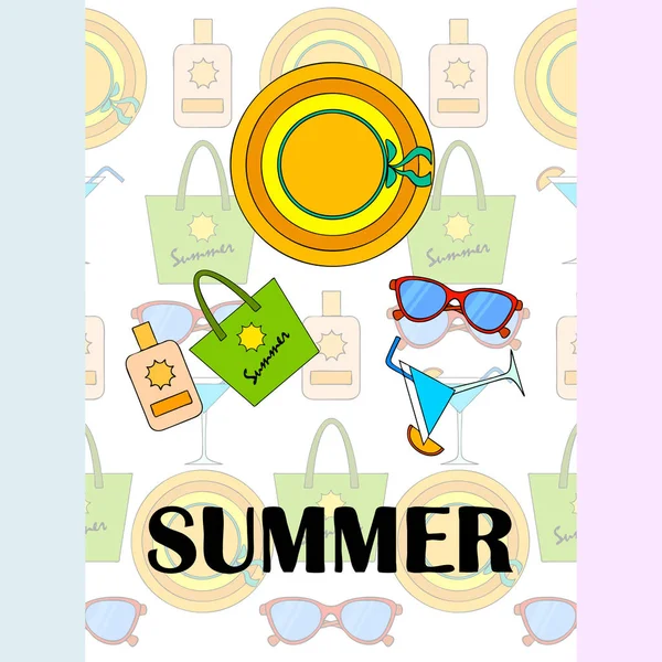 Beach vacation. Sunglasses, hat, beach bag, cocktail, sunscreen. Vector background. — Stock Vector