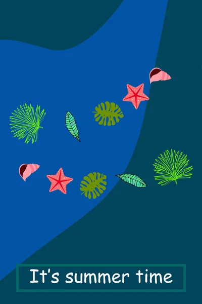 Zomer Rust Zeesterren Seashell Bladeren Van Tropische Planten Vector Achtergrond — Stockvector