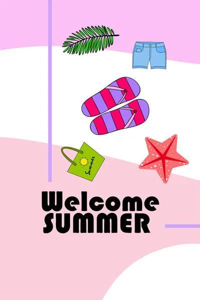 Літня відпустка. Пляжний мішок, тапочки, шорти, морська зірка, тропічний лист. Векторний фон — стоковий вектор