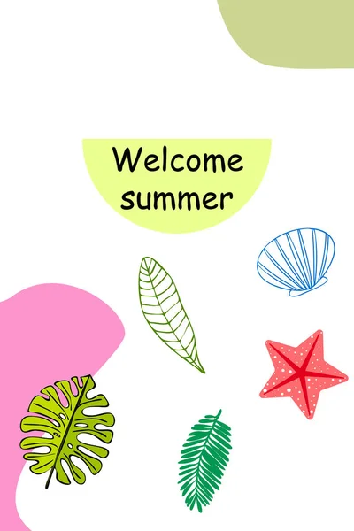 Zomer rust. Zeesterren, Seashell, bladeren van tropische planten. Vector achtergrond — Stockvector