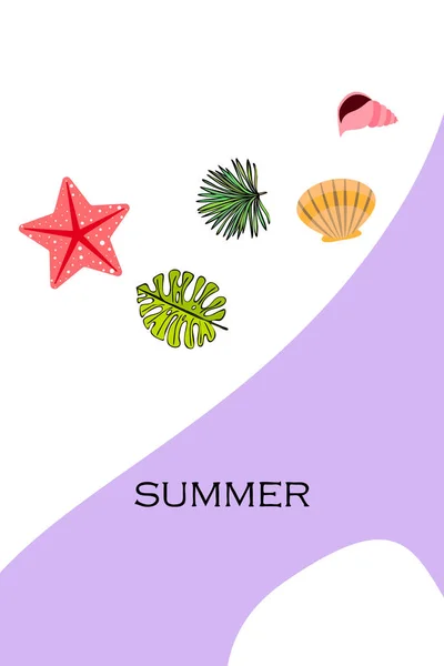 Zomer rust. Zeesterren, Seashell, bladeren van tropische planten. Vector achtergrond — Stockvector