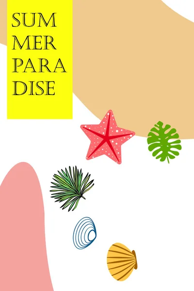 Descanso. Starfish, concha, folhas de plantas tropicais. Fundo vetorial — Vetor de Stock