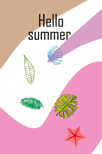 Summer Rest Starfish Seashell Leaves Tropical Plants Vector Background — Stock Vector