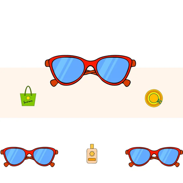 Пляжний відпочинок. Сонцезахисні окуляри, капелюх, пляжна сумка, коктейль, сонцезахисний крем. Векторний фон . — стоковий вектор