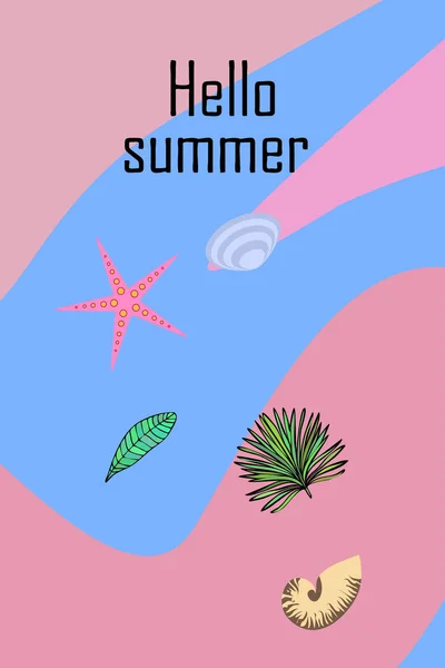 Zomer rust. Zeesterren, Seashell, bladeren van tropische planten. Vector achtergrond — Stockvector