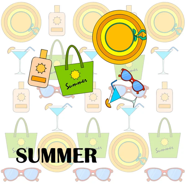 Vacances Plage Lunettes Soleil Chapeau Sac Plage Cocktail Crème Solaire — Image vectorielle