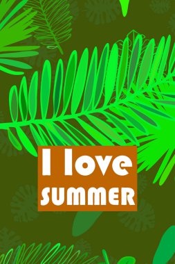 Tropik bitkilerin yaprakları. Renkli yaz kartpostalı, yaz tatili. Vektör arka planı.