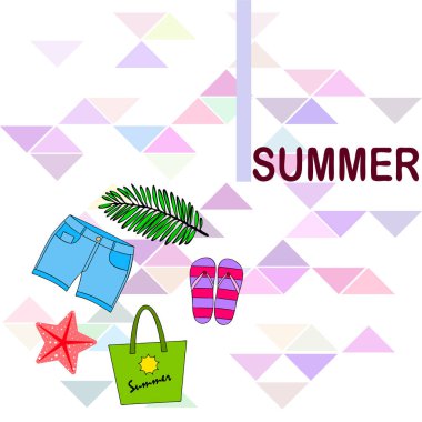 Yaz tatili. Plaj çantası, terlik, şort, denizyıldızı, tropik çarşaf. Vektör arka planı