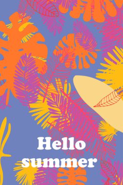 Tropik bitkilerin yaprakları. Renkli yaz kartpostalı, yaz tatili. Vektör arka planı.