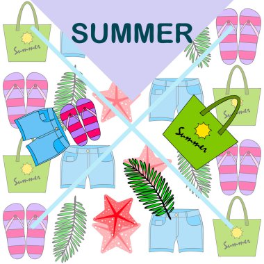 Yaz tatili. Plaj çantası, terlik, şort, denizyıldızı, tropik çarşaf. Vektör arka planı