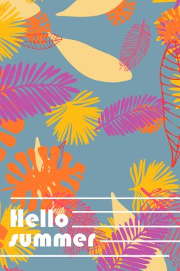 Tropik bitkilerin yaprakları. Renkli yaz kartpostalı, yaz tatili. Vektör arka planı.