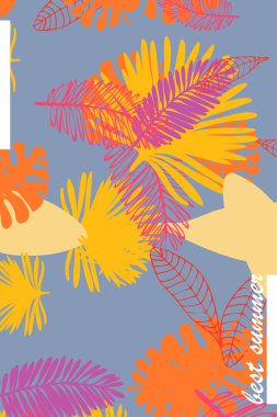 Tropik bitkilerin yaprakları. Renkli yaz kartpostalı, yaz tatili. Vektör arka planı.