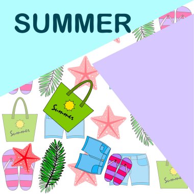 Yaz tatili. Plaj çantası, terlik, şort, denizyıldızı, tropik çarşaf. Vektör arka planı