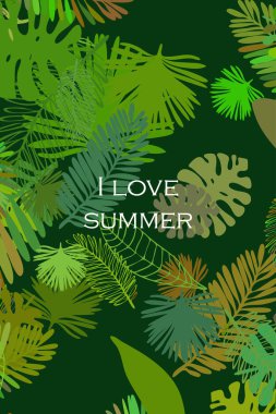 Tropik bitkilerin yaprakları. Renkli yaz kartpostalı, yaz tatili. Vektör arka planı.