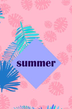 Tropik bitkilerin yaprakları. Renkli yaz kartpostalı, yaz tatili. Vektör arka planı.