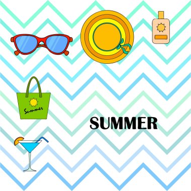 Sahil tatili. Güneş gözlüğü, şapka, plaj çantası, kokteyl, güneş kremi. Vektör arka planı.