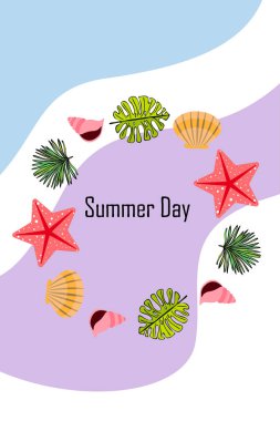 Yaz istirahati. Denizyıldızı, deniz kabuğu, tropik bitkilerin yaprakları. Vektör arka planı