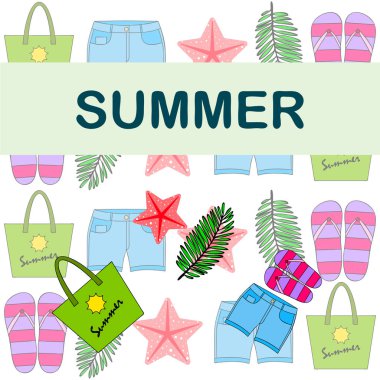 Yaz tatili. Plaj çantası, terlik, şort, denizyıldızı, tropik çarşaf. Vektör arka planı