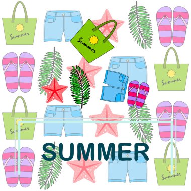Yaz tatili. Plaj çantası, terlik, şort, denizyıldızı, tropik çarşaf. Vektör arka planı